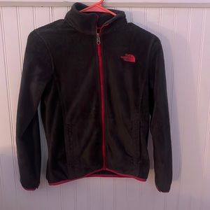 Dark gray and pink north face fuzzy jacket size youth medium